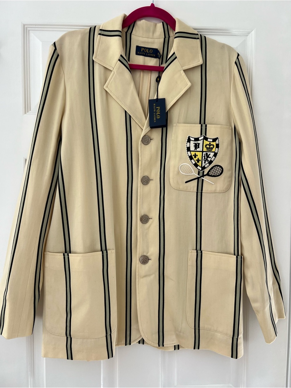 NWT Ralph Lauren Cream Blazer with Black Stripes & Crest Patch Tennis Wool